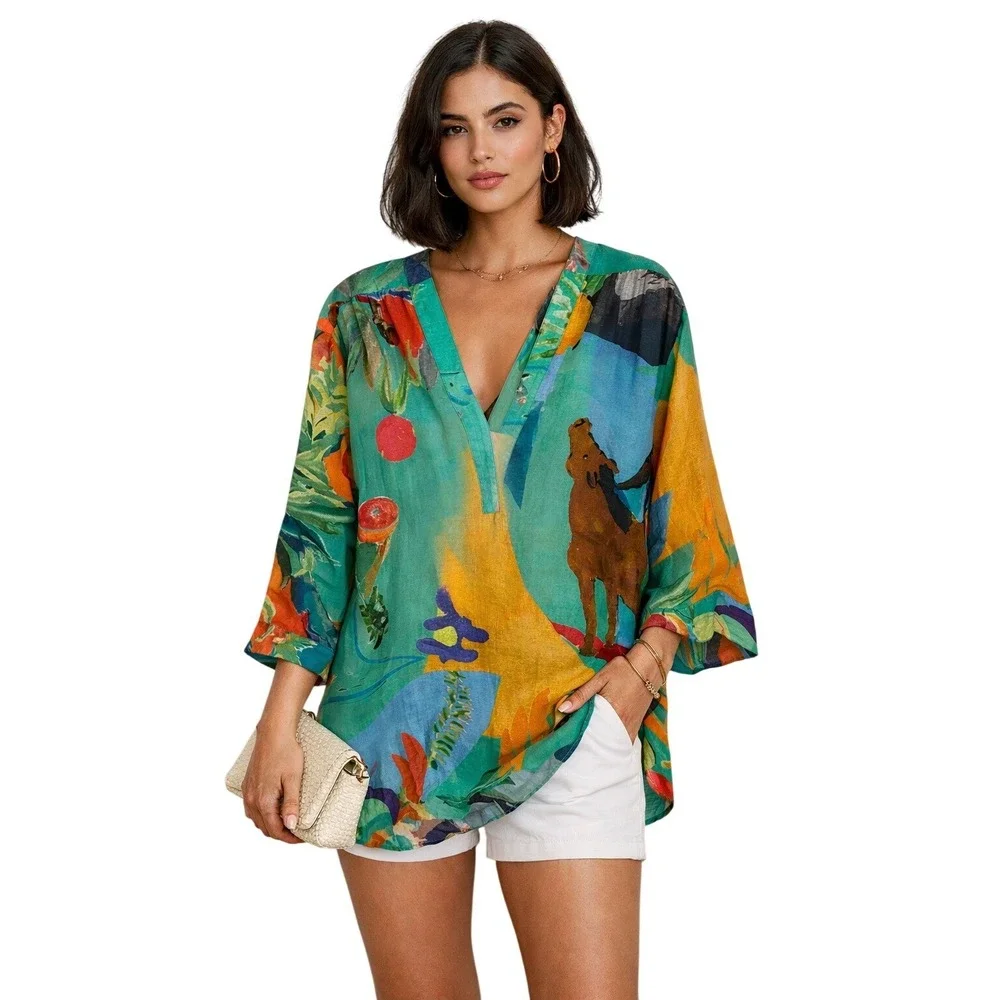 G.KERO Paris Silk Blend Tunic Top Med 101/190 Limited Edition Jungle Horse Bird - Picture 1 of 10